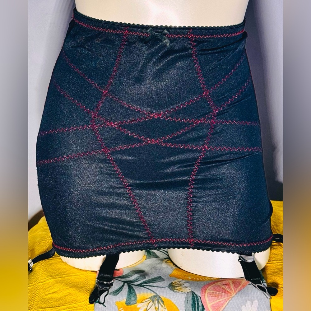 PowerMesh Black Longline Girdle + Red Exposed Stitching & 6 Garter Straps Small
